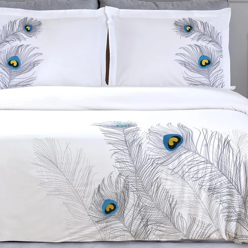 Vista 4 de 100% algodón, juego de funda de edredón de 3 piezas, tamaño matrimonial/queen, suave, bordado de pavo real, color plateado