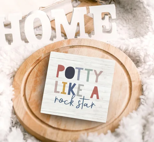 Vista 5 de SRADMO Letrero de madera con texto en inglés "Potty Like a Rock Star, decoración de escritorio, divertida caja de bloques de madera para baño