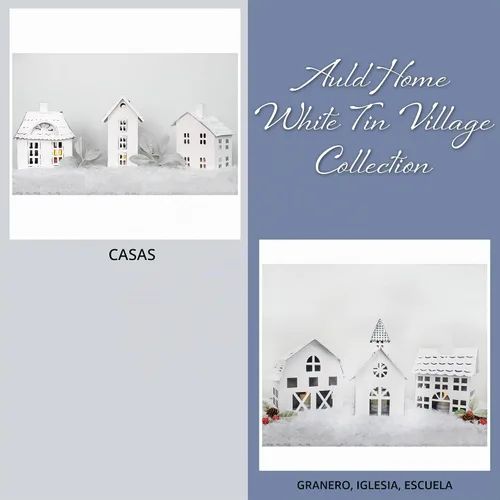 Vista 9 de AuldHome Design Casas de lata decorativas de granja (juego de 3, blanco); linterna de vela decorativa para vacaciones, aldea de Navidad o soporte