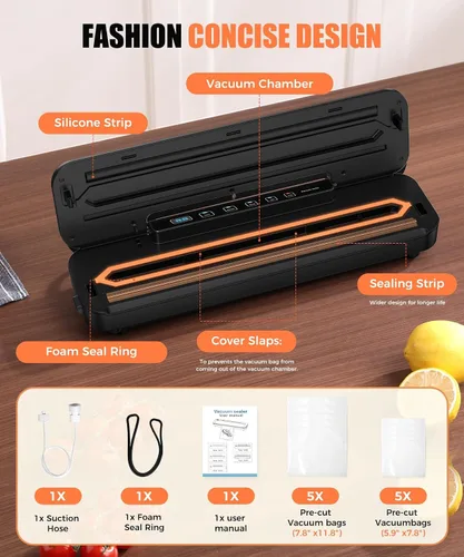 Vista 6 de Máquina selladora al vacío de 75 kpa - Sellador de alimentos compacto 6 en 1 con temporizador digital de cuenta regresiva, hoja deslizante externa