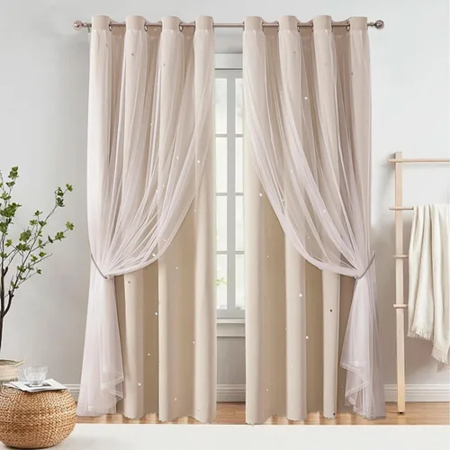 Vista 5 de Abreeze - Cortinas blackout con estrellas, de doble capa, con velo blanco y ojales superiores, para combinar, ideal para sala, y dormitorio, 1 panel