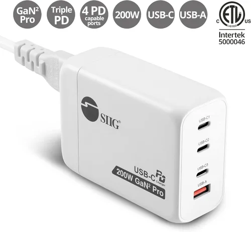 Vista 2 de SIIG Cargador GaN USB-C PD de 4 puertos de 200 W, AC-PW1V11-S1 Carga 4 dispositivos con salida total de 200 W; diseño GaN y USB-C PD admiten carga