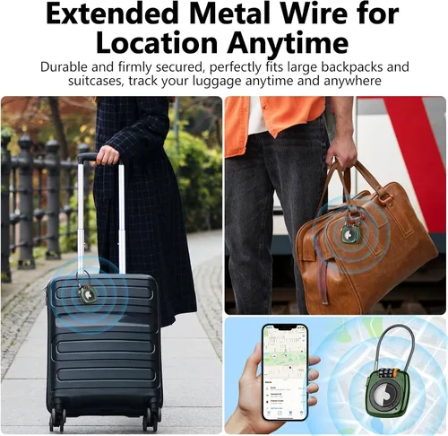 Vista 4 de Compatible con Apple AirTag Secure Lock con cable de alambre, candados de equipaje combinados de 3 dígitos, cuerpo de aleación ultra duradero, funda