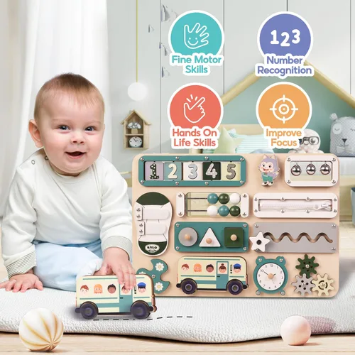 Vista 2 de KALOTOYS Tablero de actividades Montessori grande, juguetes sensoriales para niños de 1, 2, 3 años, habilidades motoras finas y aprendizaje Verde