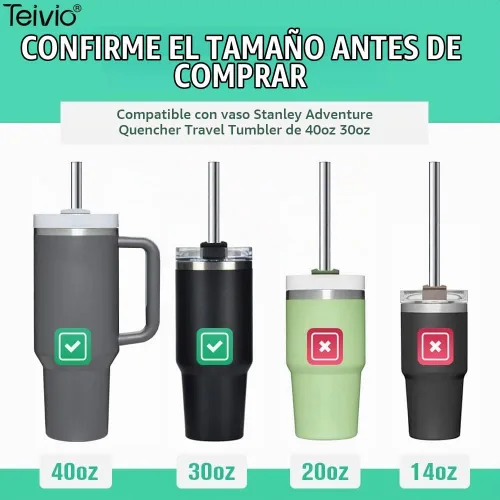 Vista 2 de Teivio 8 popotes de acero inoxidable de 5/16 pulgadas de ancho para vaso de 40 onzas con asa, popotes de metal reutilizables de 12 pulgadas
