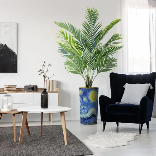 Vista 21 de Árbol artificial con diseño de hojas blancas y negras, palmera tropical areca artificial de seda para decoración del hogar en interiores y Diseño