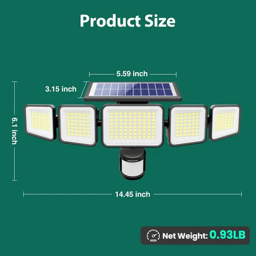 Vista 16 de Luces solares para exteriores, 4000LM con 5 cabezas, sensor de movimiento, 236 LEDs, 3 modos, luces de pared de seguridad IP65 impermeables, luces