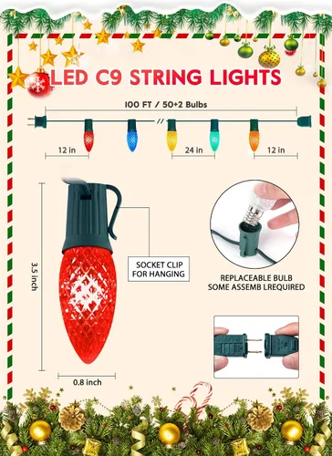 Vista 2 de Luces de Navidad al Aire Libre Brightown, 100 Pies de Cadenas LED Comerciales con Bombillas Multicolor C9 en Forma de Fresa, Impermeables