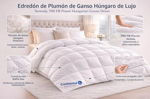 Vista 2 de Continental Bedding Serenity - Edredón de plumón de ganso blanco húngaro, potencia de relleno 700 para todas las estaciones, peso medio, estructura
