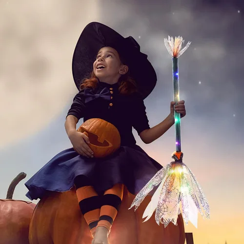 Vista 2 de Escoba de bruja decoración de Halloween con luz LED para niñas, escoba de bruja, disfraz de accesorios de Halloween