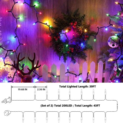 Vista 5 de Joomer - Luces LED de Navidad, 2 paquetes, total 39 pies, 200 LED, luces de árbol de Navidad multicolor, luces de cuerda mini enchufables