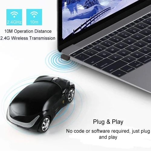 Vista 4 de CHUYI Ratón óptico inalámbrico en forma de coche 3D ultra pequeño y fresco para viajes de negocios, oficina, hogar, escuela, regalo (negro)