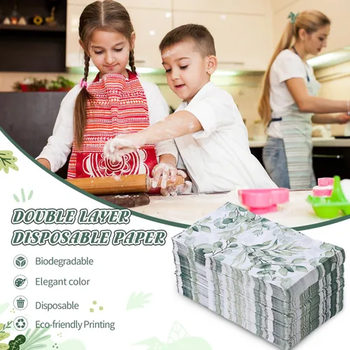 Vista 4 de 100 servilletas desechables para invitados, toallas de mano desechables de papel con hojas verdes, servilletas de mano decorativas de papel