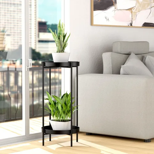 Vista 5 de OVICAR Soporte para plantas para interiores y exteriores, organizador de macetas de metal, 2 niveles de alto, estante de almacenamiento para el Negro