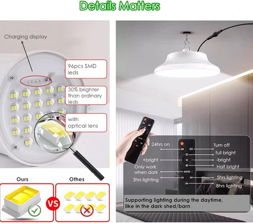 Vista 5 de HULPPRE Luz solar para cobertizo diurno o nocturno, 96 LED luz solar blanca más brillante para interiores y exteriores con 2 controles remotos