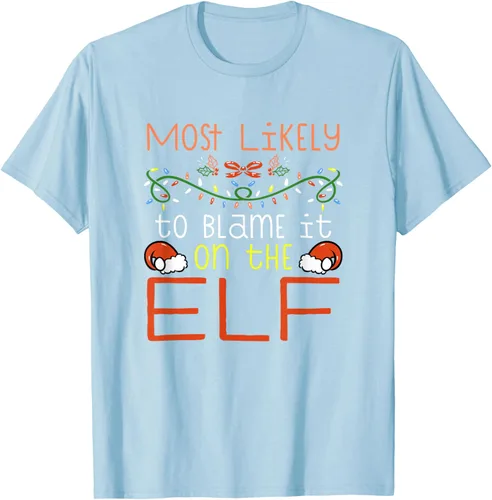 Vista 38 de Camiseta de Navidad familiar a juego con la frase "Most Likely To Blame It On The Elf" Negro
