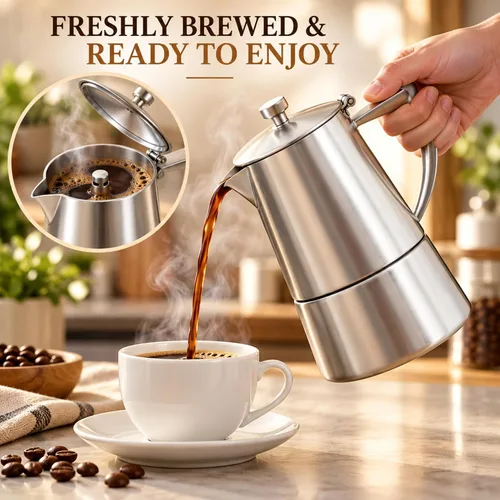 Vista 7 de CUISINOX Roma - Máquina de café expreso de acero inoxidable satinado para estufa, 6 tazas 18/10 stainless steel moka pot with 6-cup capacity