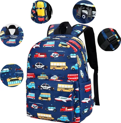 Vista 8 de Mochila escolar para niños con fiambrera para niños, para jardín de infantes, mochila escolar para niños pequeños, Patrón de avión para coche