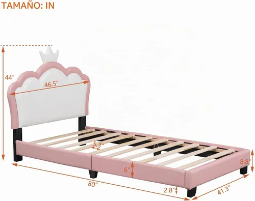 Vista 2 de Bonita cama de princesa tapizada de tamaño individual con cabecera corona, plataforma de piel sintética rosa para niños y niñas, no requiere somier