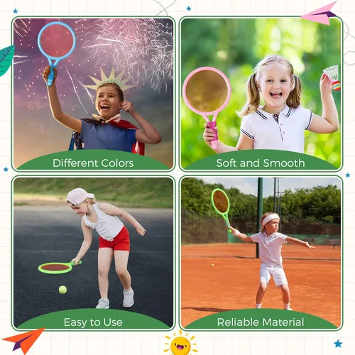 Vista 3 de Wettarn 8 raquetas de tenis de plástico para niños, con 4 pelotas de tenis y 4 volantes, juego de raquetas de playa en 3 colores para niños, regalos