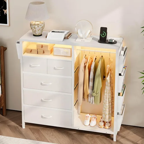 Vista 9 de Espelism Cómoda para dormitorio con perchero, bolsillos laterales, cómoda de 5 cajones con estación de carga, luces LED, cómoda de almacenamiento