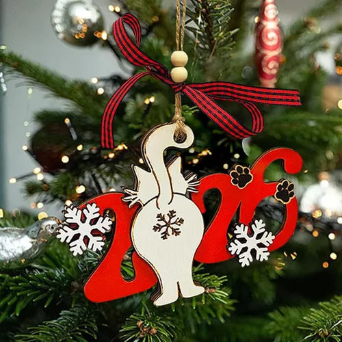 Vista 7 de Adornos de Navidad para gatos 2025, adorno divertido para árbol de Navidad, adornos únicos y lindos de madera para decoración - Regalos para amantes