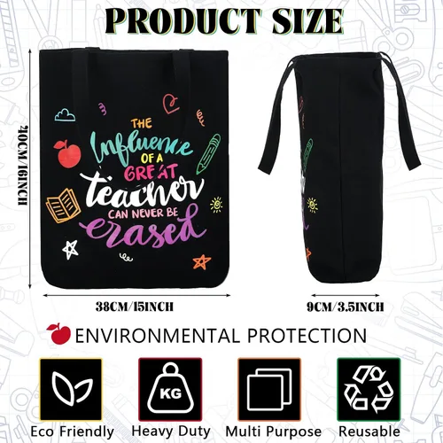 Vista 2 de 4 bolsas de lona negra para profesores con bolsillo interior, regalos de agradecimiento para profesores, los mejores regalos, bolsa de mano con cita