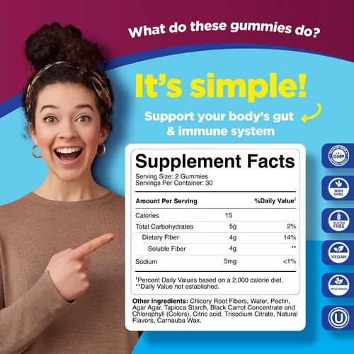 Vista 7 de Gomitas avanzadas de fibra para adultos, suplemento de raíz de achicoria con soporte prebiótico y aceite de coco para la salud intestinal