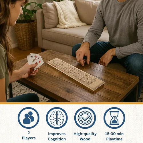 Vista 4 de WE Games Classic Cribbage Set - Tabla continua de 2 pistas de madera de roble maciza con clavijas de metal