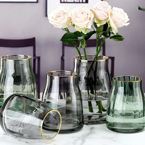Vista 7 de VanEnjoy Florero de cristal gris simple transparente de 7 pulgadas, jarrón decorativo con borde dorado, decoración del hogar para centro de mesa