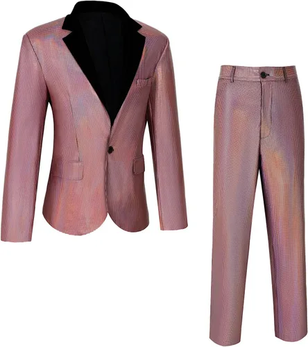 Vista 2 de Traje de discoteca de los años 70 para hombre, traje de arcoíris, chaqueta y pantalones de lentejuelas, disfraz de fiesta de Halloween