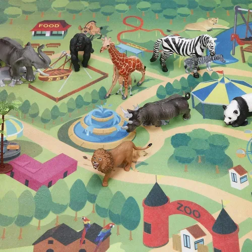 Vista 8 de BOLZRA Figuras de animales de safari con tapete de juego de actividades y caja de almacenamiento, juego gigante de plástico realista con león