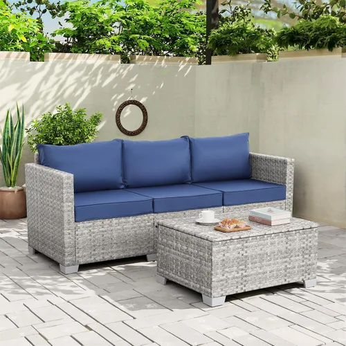 Vista 7 de WAROOM Sofá al aire libre de mimbre de 3 plazas, sofá de patio de ratán gris, muebles de balcón, asiento profundo, asiento de porche, cojín azul