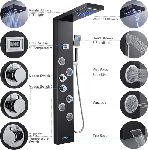 Vista 7 de Sistema de torre de paneles de ducha LED, sistema de panel de ducha de baño de acero inoxidable SUS304 con 4 chorros de cuerpo, lluvia, cascada