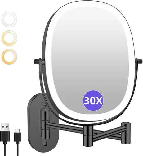 Vista 10 de FUNTOUCH Espejo de Maquillaje Montado en la Pared Iluminado 30X/1X, Espejo de Aumento de Baño Recargable de Doble Cara de 5000mAh, Modos de 3 30