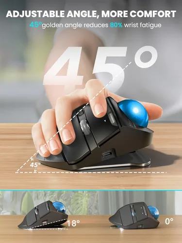 Vista 2 de MAM1 Pro - Ratón inalámbrico de Trackball, ergonómico Bluetooth recargable, mouse de pulgar retroiluminado con 5 niveles DPI, ángulo ajustable