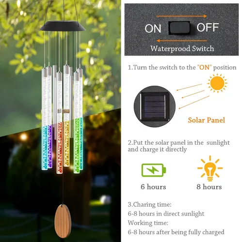 Vista 4 de Carillones de viento solares para exteriores, carillones de viento conmemorativos de 37 pulgadas, regalos para mamá y abuela, 6 tubos LED que