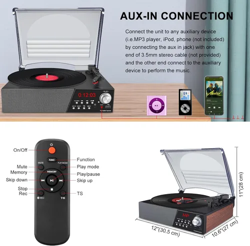 Vista 4 de LUXSWAY Tocadiscos, tocadiscos con altavoces estéreo para discos de vinilo, Bluetooth vintage de 3 velocidades, control remoto, radio