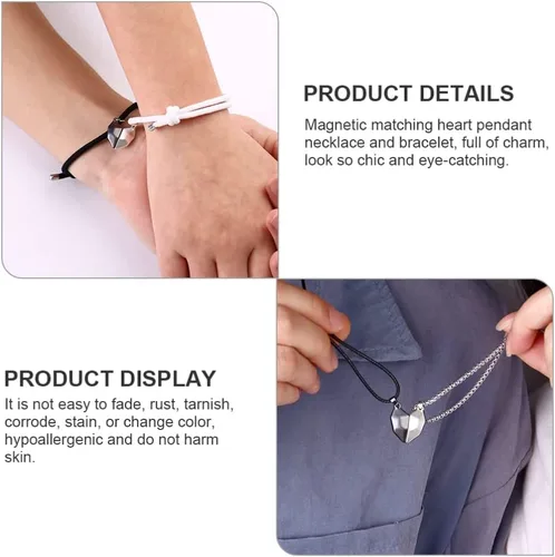 Vista 4 de 1 juego de collar de corazón para parejas, parejas, pulsera magnética BFF, collar con imán a juego, collar de rompecabezas de corazón, pulsera