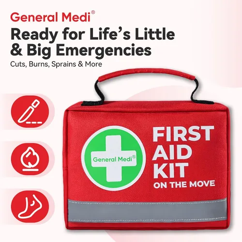Vista 4 de General Medi Botiquín de primeros auxilios - 150 piezas pequeño y compacto. Incluye paquete frío instantáneo, manta de emergencia para viajes