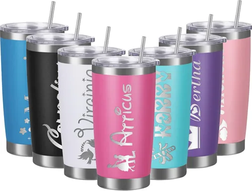 Vista 11 de Vaso personalizado con nombres, tapas y pajitas, vasos personalizados de acero inoxidable para mujeres, niños y hombres, regalo de 20 onzas, grabado