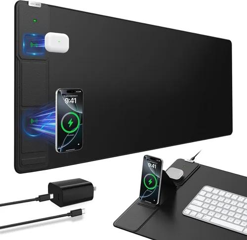 Vista 11 de Alfombrilla magnética de carga inalámbrica para mouse, 27.5 x 11.8 pulgadas, tapete de escritorio para juegos con bordes cosidos superiores, base
