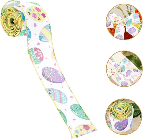 Vista 7 de Easter Wired Edge Ribbon 2-inch Broad 5-Yard Roll Spring Fabric Ribbon for Wrapping, Craft Making, and Holiday Decorations