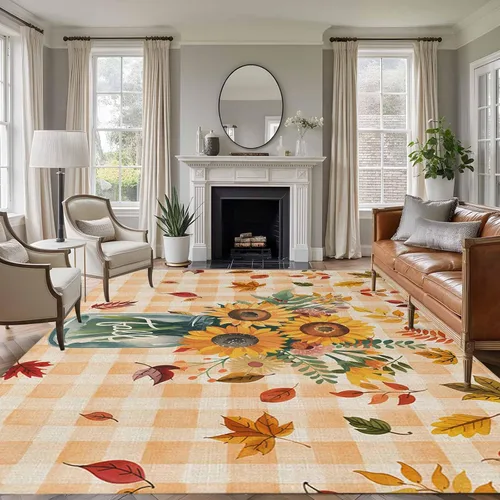Vista 13 de Small Area Rugs 2x3 Ft, Sunflower Non-Slip Area Rugs for Living Room Bedroom Entryway, Orange Plaid Farmhouse Leaves Watercolor Retro Washable