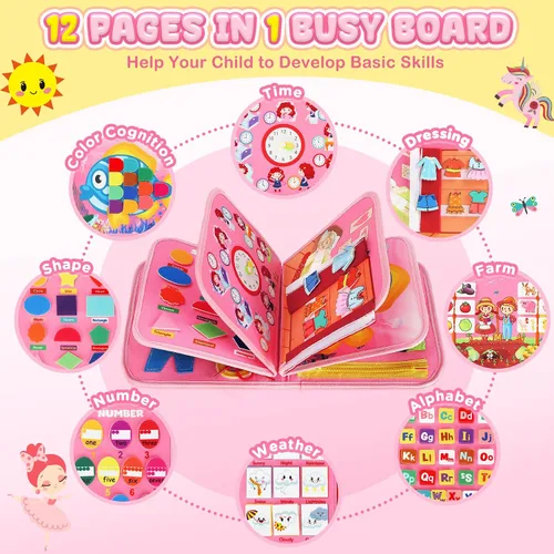 Vista 2 de URMYWO Tablero de actividades Montessori para niños de 1, 2, 3, 4 años, libro ocupado para actividades para niños con habilidades motoras finas, Rosa