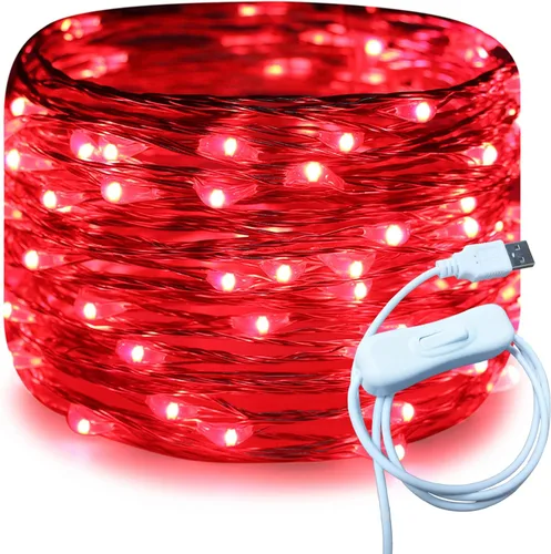 Vista 10 de RUICHEN Cable plateado de 33 pies con 100 luces LED USB con interruptor de encendido/apagado (blanco cálido)
