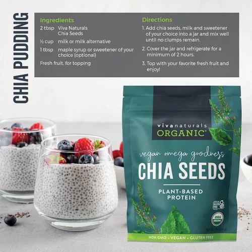 Vista 6 de Viva Naturals Semillas orgánicas de chia, 1 lb (454 g) – Omega-3 de origen vegetal y proteína vegana, sin gluten y sin OGM, perfectas para batidos