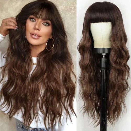 Vista 21 de Lativ Peluca castaña con flequillo para mujer, larga, ondulada, sintética Beginner Friendly,Natural Looking,Silky Smooth Texture,Heat Resistant