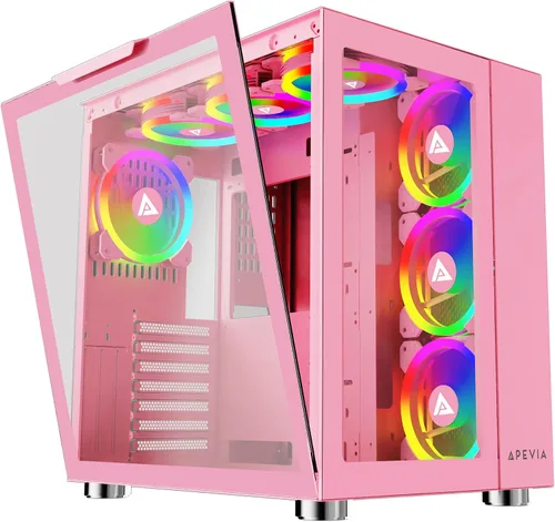 Vista 9 de Apevia Aurora-BK ATX Mid Tower - Carcasa para PC con 6 ventiladores PWM ARGB de 4.724 in 366 RGB Light Modes, 1x Glass/Mesh Front Panel, 1x Swivel