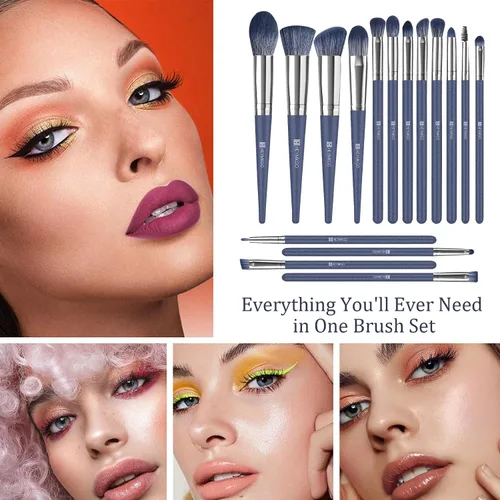 Vista 9 de HEYMKGO Juego de 11 brochas de maquillaje verdes con 16 brochas de maquillaje azules, profesionales suaves y densos para mezclar pulir contornos